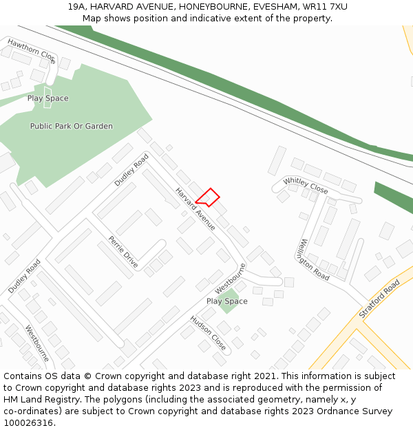 19A, HARVARD AVENUE, HONEYBOURNE, EVESHAM, WR11 7XU: Location map and indicative extent of plot