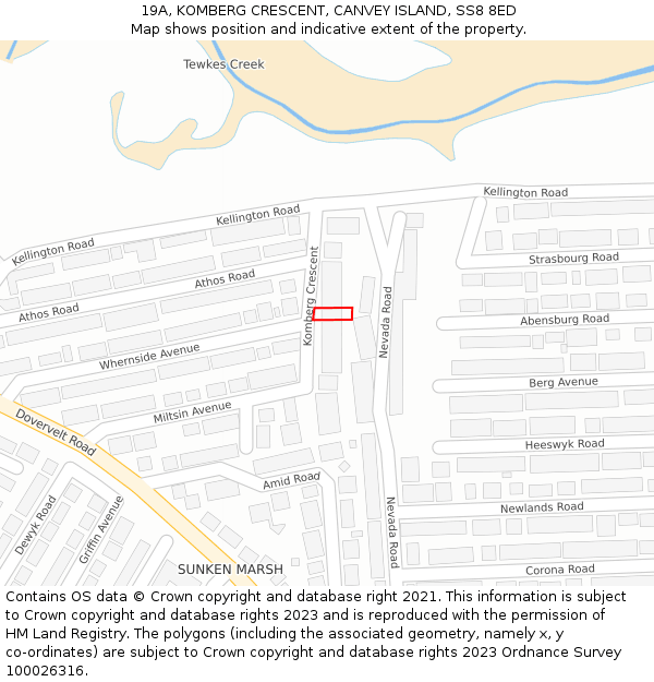 19A, KOMBERG CRESCENT, CANVEY ISLAND, SS8 8ED: Location map and indicative extent of plot