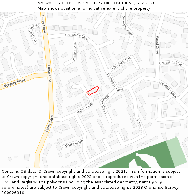 19A, VALLEY CLOSE, ALSAGER, STOKE-ON-TRENT, ST7 2HU: Location map and indicative extent of plot