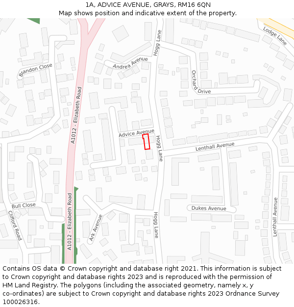 1A, ADVICE AVENUE, GRAYS, RM16 6QN: Location map and indicative extent of plot