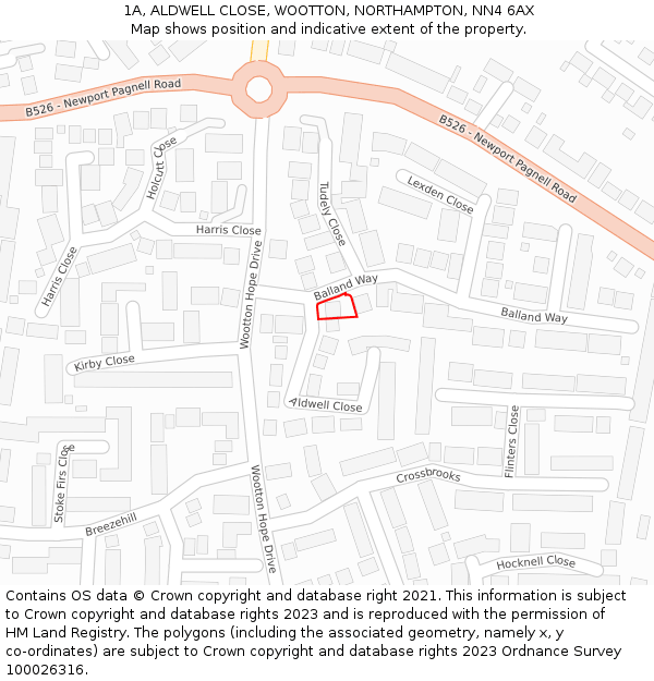 1A, ALDWELL CLOSE, WOOTTON, NORTHAMPTON, NN4 6AX: Location map and indicative extent of plot