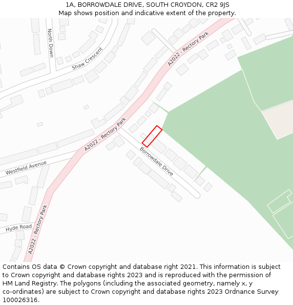 1A, BORROWDALE DRIVE, SOUTH CROYDON, CR2 9JS: Location map and indicative extent of plot