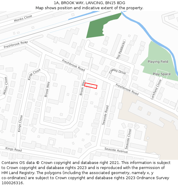 1A, BROOK WAY, LANCING, BN15 8DG: Location map and indicative extent of plot