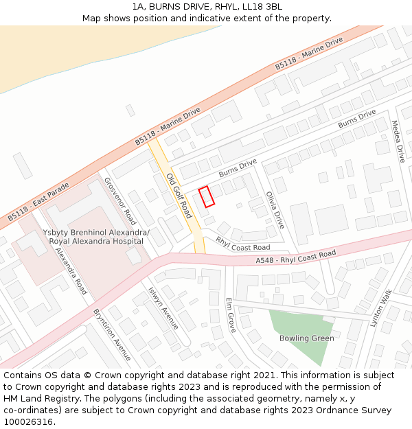 1A, BURNS DRIVE, RHYL, LL18 3BL: Location map and indicative extent of plot