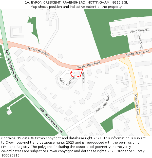 1A, BYRON CRESCENT, RAVENSHEAD, NOTTINGHAM, NG15 9GL: Location map and indicative extent of plot