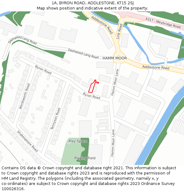 1A, BYRON ROAD, ADDLESTONE, KT15 2SJ: Location map and indicative extent of plot