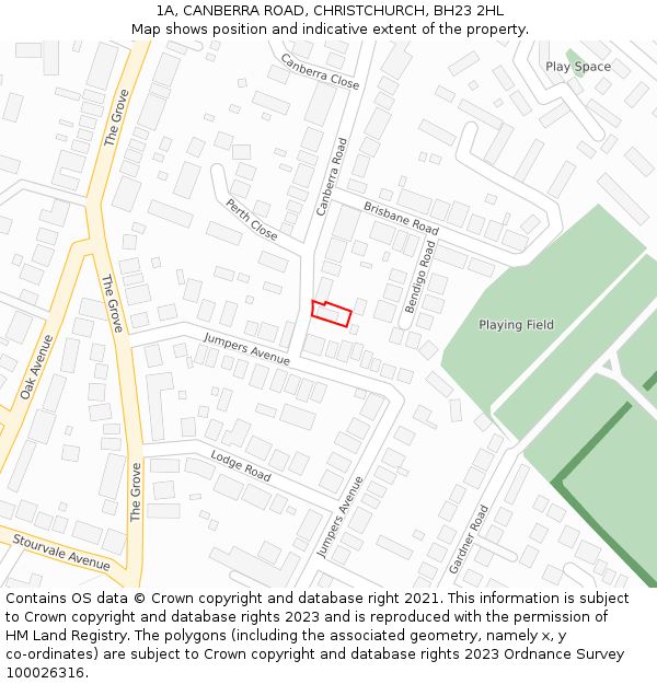 1A, CANBERRA ROAD, CHRISTCHURCH, BH23 2HL: Location map and indicative extent of plot