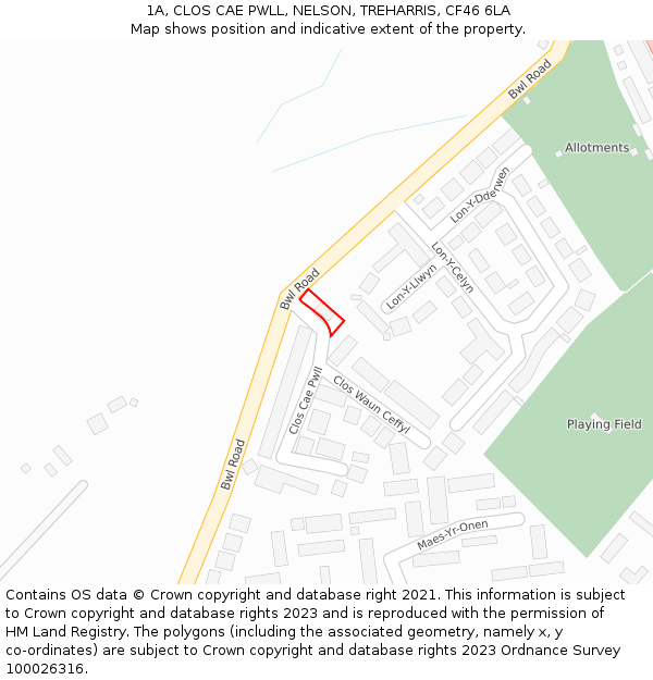 1A, CLOS CAE PWLL, NELSON, TREHARRIS, CF46 6LA: Location map and indicative extent of plot