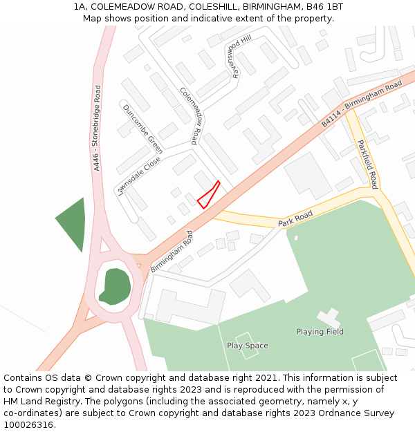 1A, COLEMEADOW ROAD, COLESHILL, BIRMINGHAM, B46 1BT: Location map and indicative extent of plot