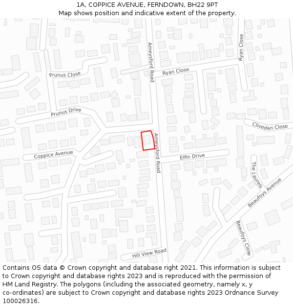 1A, COPPICE AVENUE, FERNDOWN, BH22 9PT: Location map and indicative extent of plot