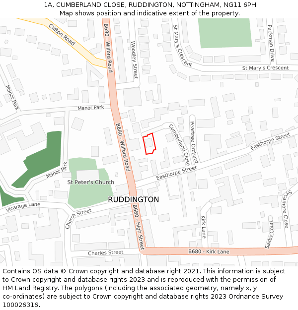 1A, CUMBERLAND CLOSE, RUDDINGTON, NOTTINGHAM, NG11 6PH: Location map and indicative extent of plot