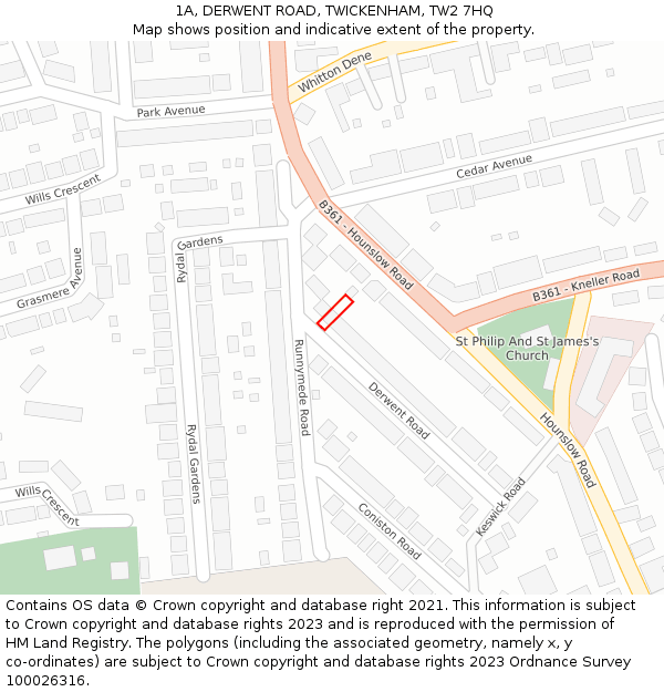 1A, DERWENT ROAD, TWICKENHAM, TW2 7HQ: Location map and indicative extent of plot