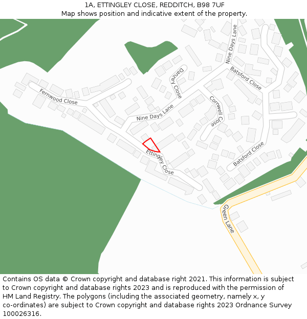 1A, ETTINGLEY CLOSE, REDDITCH, B98 7UF: Location map and indicative extent of plot