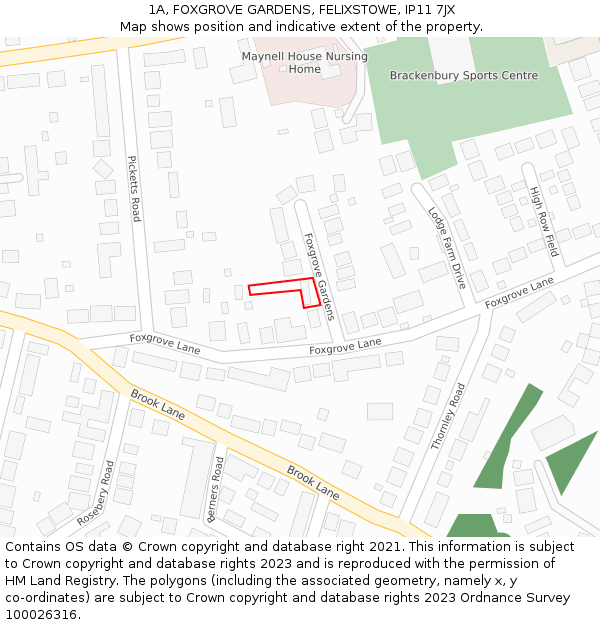 1A, FOXGROVE GARDENS, FELIXSTOWE, IP11 7JX: Location map and indicative extent of plot