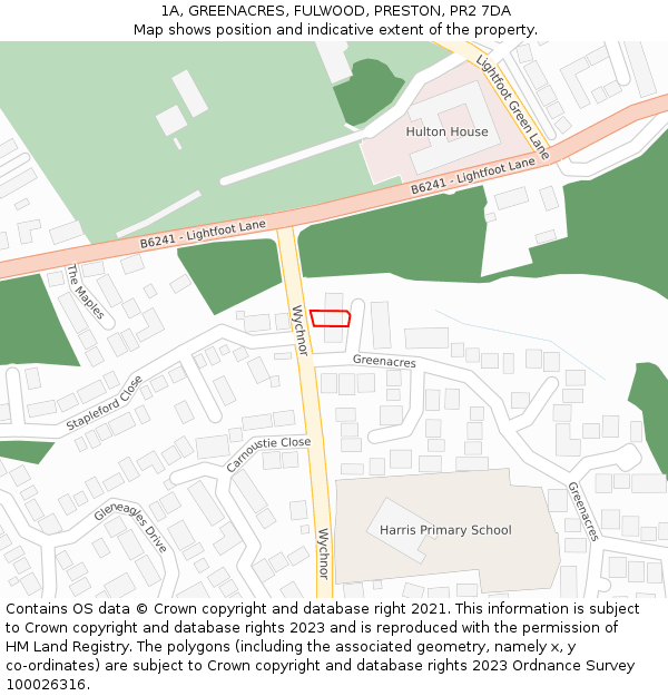 1A, GREENACRES, FULWOOD, PRESTON, PR2 7DA: Location map and indicative extent of plot