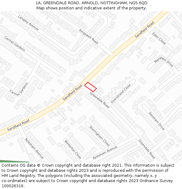 1A, GREENDALE ROAD, ARNOLD, NOTTINGHAM, NG5 6QD: Location map and indicative extent of plot