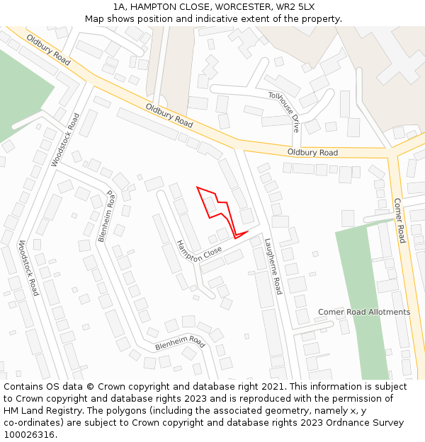1A, HAMPTON CLOSE, WORCESTER, WR2 5LX: Location map and indicative extent of plot