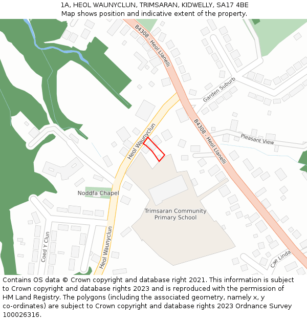 1A, HEOL WAUNYCLUN, TRIMSARAN, KIDWELLY, SA17 4BE: Location map and indicative extent of plot