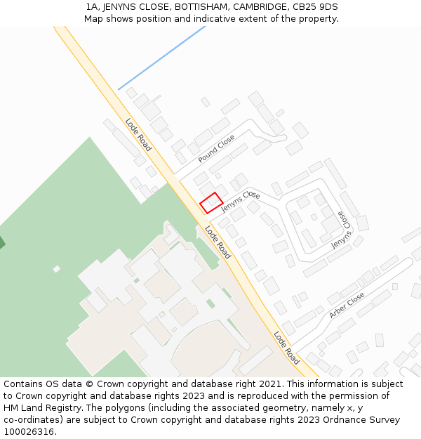 1A, JENYNS CLOSE, BOTTISHAM, CAMBRIDGE, CB25 9DS: Location map and indicative extent of plot