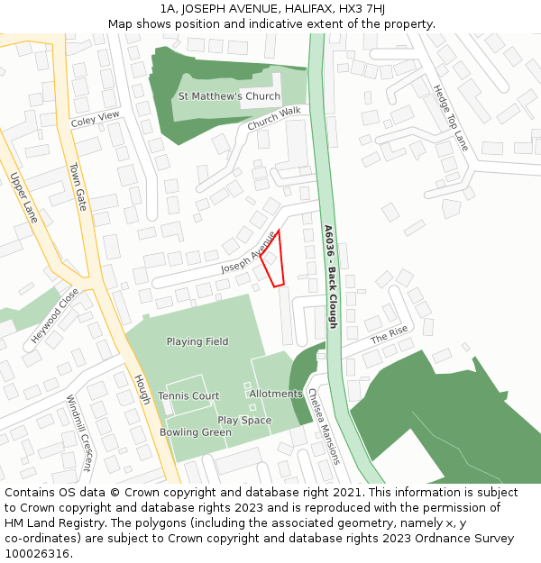 1A, JOSEPH AVENUE, HALIFAX, HX3 7HJ: Location map and indicative extent of plot