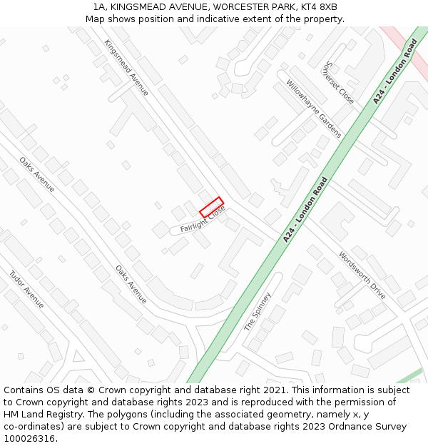 1A, KINGSMEAD AVENUE, WORCESTER PARK, KT4 8XB: Location map and indicative extent of plot