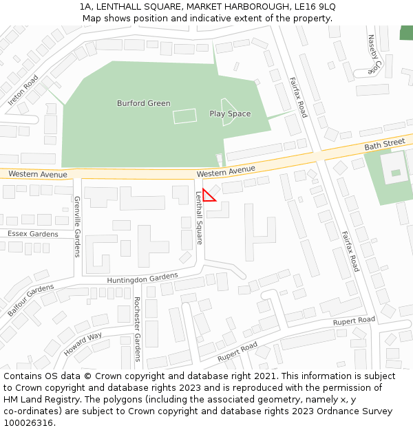 1A, LENTHALL SQUARE, MARKET HARBOROUGH, LE16 9LQ: Location map and indicative extent of plot