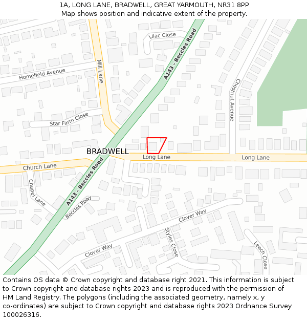 1A, LONG LANE, BRADWELL, GREAT YARMOUTH, NR31 8PP: Location map and indicative extent of plot