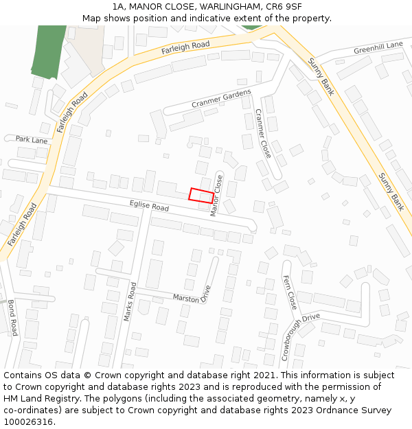 1A, MANOR CLOSE, WARLINGHAM, CR6 9SF: Location map and indicative extent of plot