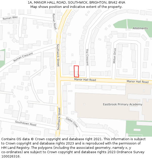 1A, MANOR HALL ROAD, SOUTHWICK, BRIGHTON, BN42 4NA: Location map and indicative extent of plot