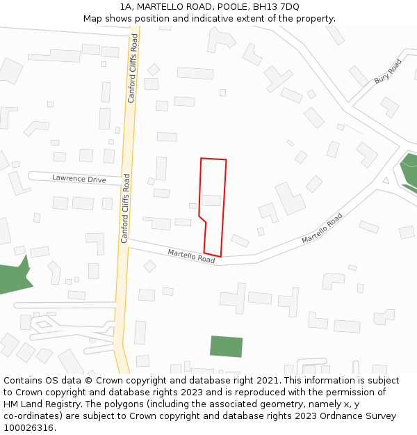 1A, MARTELLO ROAD, POOLE, BH13 7DQ: Location map and indicative extent of plot