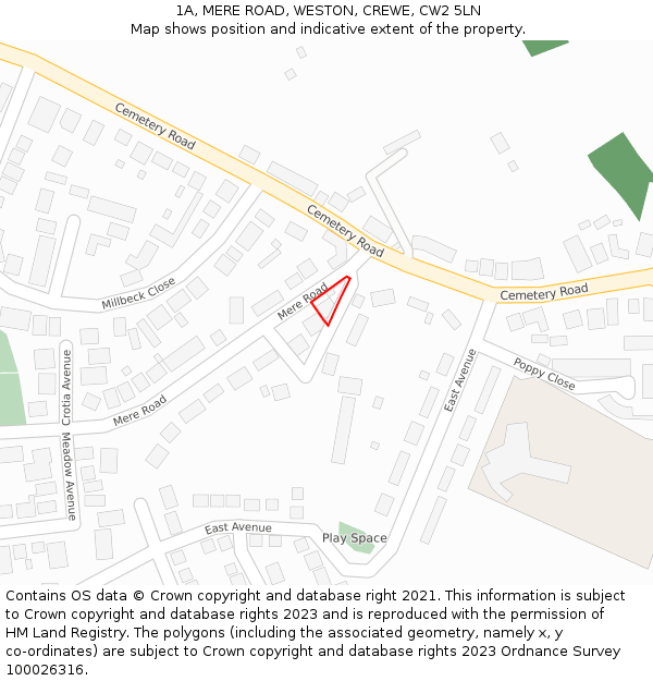 1A, MERE ROAD, WESTON, CREWE, CW2 5LN: Location map and indicative extent of plot