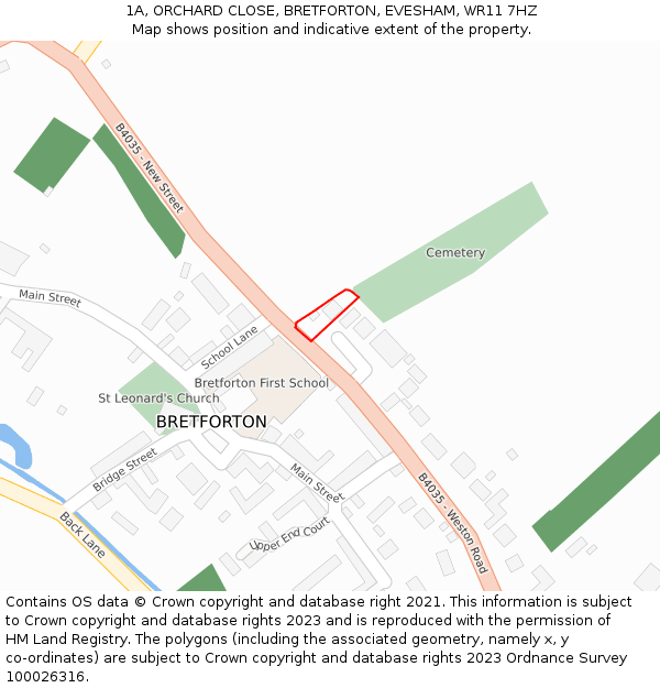 1A, ORCHARD CLOSE, BRETFORTON, EVESHAM, WR11 7HZ: Location map and indicative extent of plot