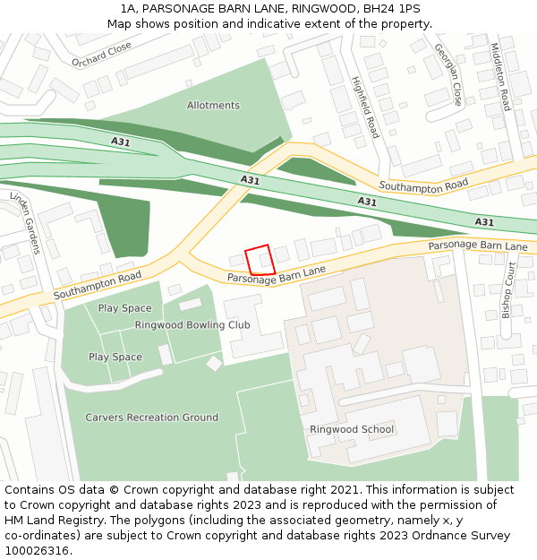 1A, PARSONAGE BARN LANE, RINGWOOD, BH24 1PS: Location map and indicative extent of plot