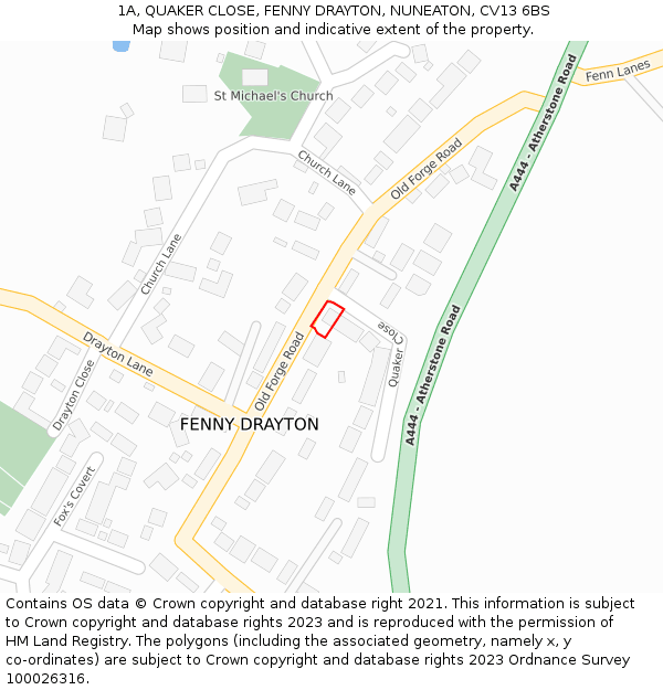 1A, QUAKER CLOSE, FENNY DRAYTON, NUNEATON, CV13 6BS: Location map and indicative extent of plot