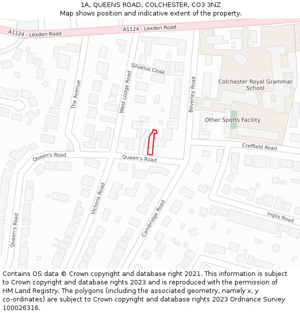 1A, QUEENS ROAD, COLCHESTER, CO3 3NZ: Location map and indicative extent of plot