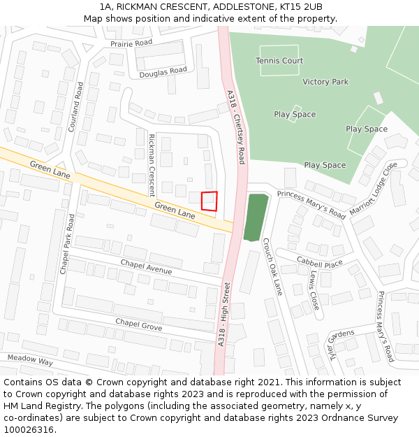 1A, RICKMAN CRESCENT, ADDLESTONE, KT15 2UB: Location map and indicative extent of plot