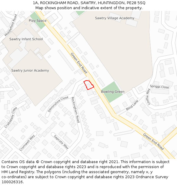 1A, ROCKINGHAM ROAD, SAWTRY, HUNTINGDON, PE28 5SQ: Location map and indicative extent of plot