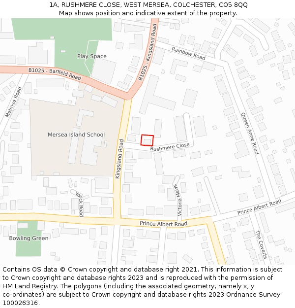 1A, RUSHMERE CLOSE, WEST MERSEA, COLCHESTER, CO5 8QQ: Location map and indicative extent of plot