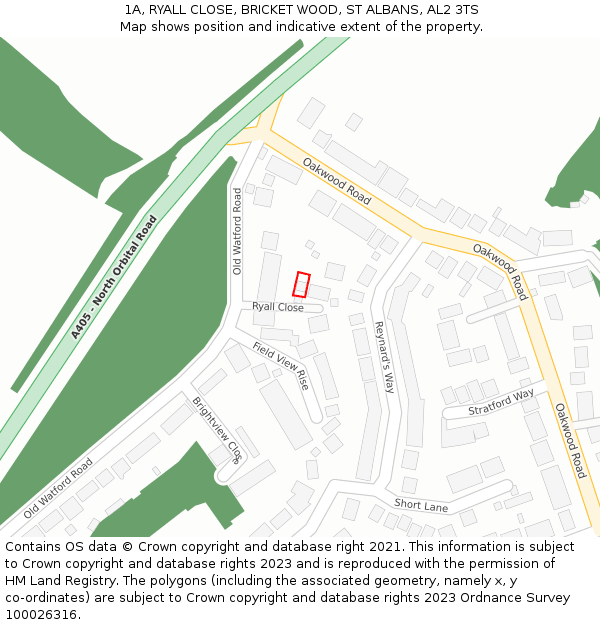 1A, RYALL CLOSE, BRICKET WOOD, ST ALBANS, AL2 3TS: Location map and indicative extent of plot