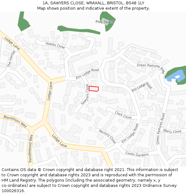 1A, SAWYERS CLOSE, WRAXALL, BRISTOL, BS48 1LY: Location map and indicative extent of plot