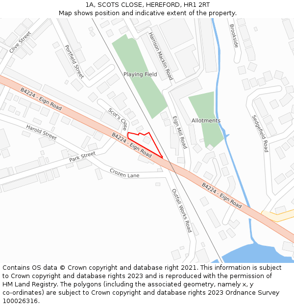 1A, SCOTS CLOSE, HEREFORD, HR1 2RT: Location map and indicative extent of plot