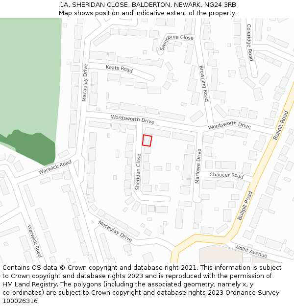 1A, SHERIDAN CLOSE, BALDERTON, NEWARK, NG24 3RB: Location map and indicative extent of plot