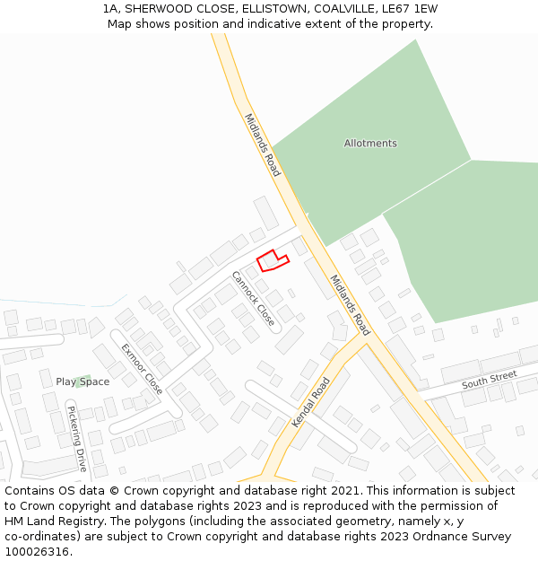 1A, SHERWOOD CLOSE, ELLISTOWN, COALVILLE, LE67 1EW: Location map and indicative extent of plot