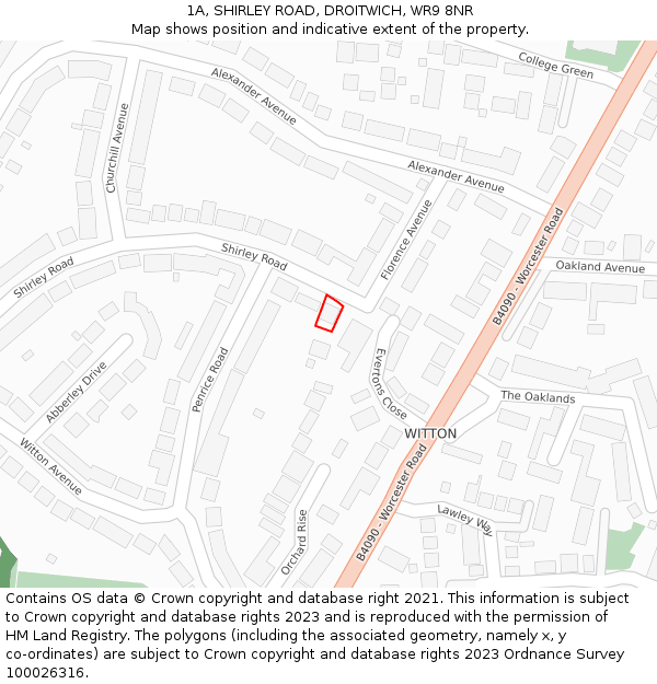 1A, SHIRLEY ROAD, DROITWICH, WR9 8NR: Location map and indicative extent of plot