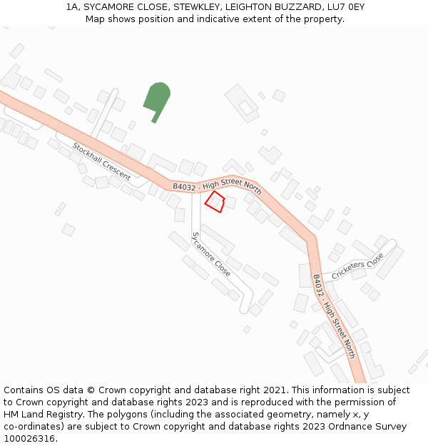 1A, SYCAMORE CLOSE, STEWKLEY, LEIGHTON BUZZARD, LU7 0EY: Location map and indicative extent of plot