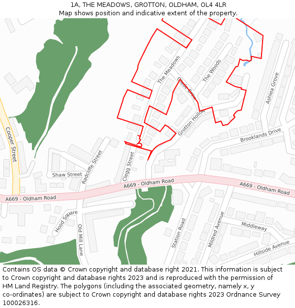 1A, THE MEADOWS, GROTTON, OLDHAM, OL4 4LR: Location map and indicative extent of plot