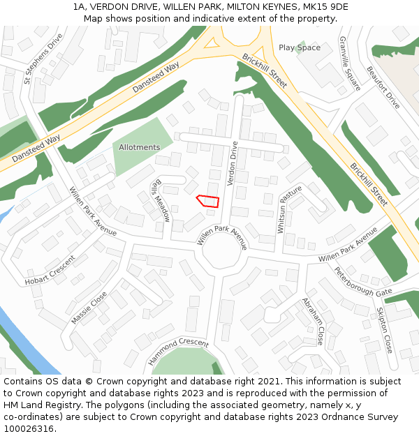 1A, VERDON DRIVE, WILLEN PARK, MILTON KEYNES, MK15 9DE: Location map and indicative extent of plot