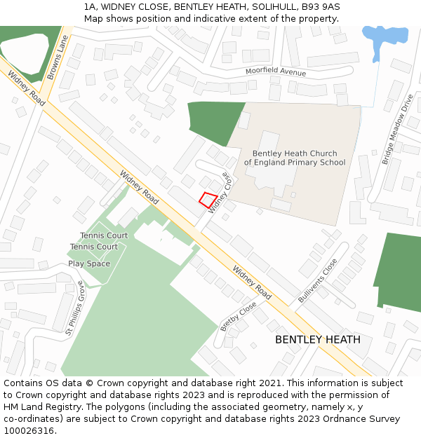 1A, WIDNEY CLOSE, BENTLEY HEATH, SOLIHULL, B93 9AS: Location map and indicative extent of plot