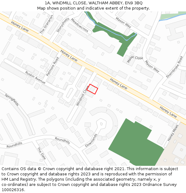 1A, WINDMILL CLOSE, WALTHAM ABBEY, EN9 3BQ: Location map and indicative extent of plot
