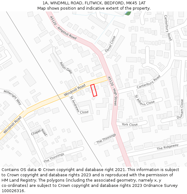 1A, WINDMILL ROAD, FLITWICK, BEDFORD, MK45 1AT: Location map and indicative extent of plot